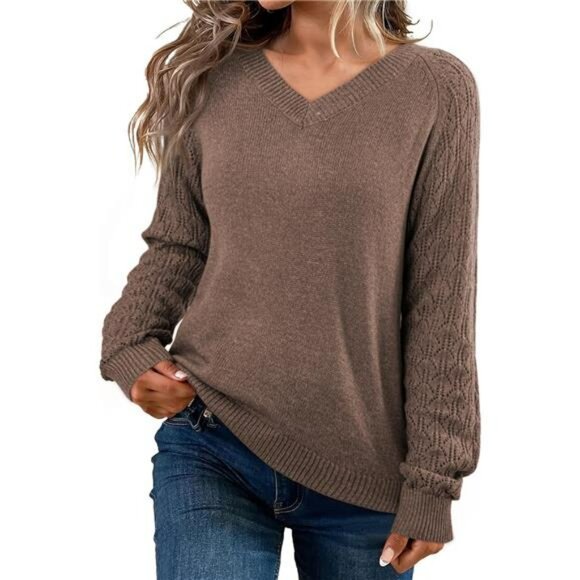 Womens Crochet Sweater Lightweight V Neck Long Sleeve Summer Pullover Top - Picture 4 of 6